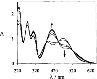 Figura 2.4 - Espectros de absorção de um solução aquosa de cloreto de 5,7-dihidroxi-4- 5,7-dihidroxi-4-metilflavílio l.lxlO-4 M em função do pH: 6.26,6.67,7.35,7.65,8.33,9.05.