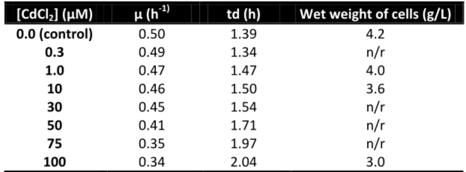 Table  4  –  Specific  Ma.aq  617  growth  rate  (µ)  and  generation  time  (td)  of  Ma.aq  growths  in  the  presence of difference CdCl 2  concentrations