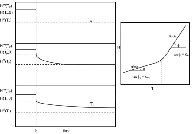 Figure 1.5 Evolution of enthalpy during the structural relaxation process at three   temperatures,  T α &gt; T β &gt; T γ (all below  T g )