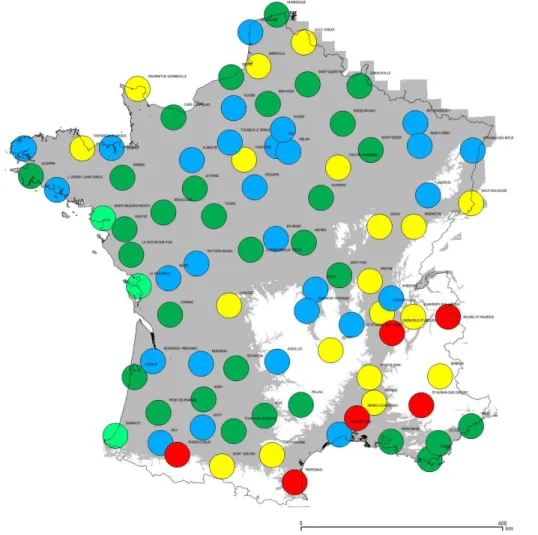 Figure 4. ISO IC for the 87 French weather stations of the study (pale green: R1, dark green: R2, blue: R3, yellow: R4, red: R5 and white area: area above 500 m).