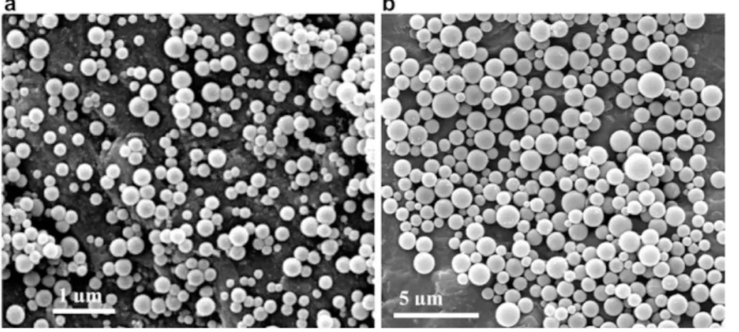 Figure 8 SEM images of the PLA nanoparticles prepared by Trimaille et al. a) 2% PLA; b) 10% PLA