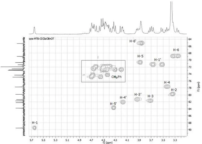 Figure  25  HMQC  spectrum  expansion  of  1’,2,3,3’,4,4’,6 -Hepta-O-benzyl- 6’ -O-tert-butyldiphenylsilyl  sucrose  5  in  DMSO-d6, focused on sucrose protons