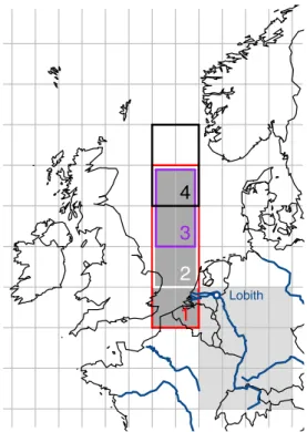 Fig. 1. ESSENCE grid cells selected to represent the Rhine basin (light grey shading) and assess the North Sea wind conditions favourable for surges (dark grey shading)