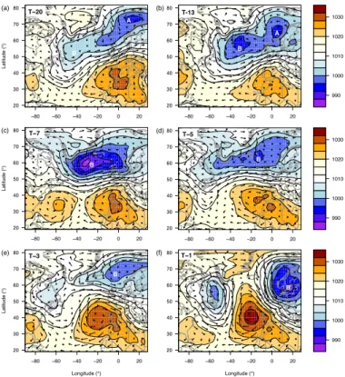 Fig. 8. Evolution of the SLP composite satisfying the joint extreme conditions ( n = 20 for pre- pre-cipitation) at times T (15 events)