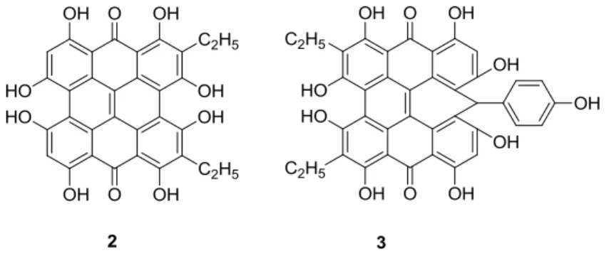 Figura 1.2  –  Estrutura de sentosina 2 e de blefarismina 3, ambos derivados de hipericina 1 