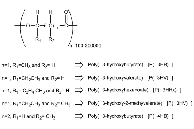 Figure 1.1 - General chemical structure of PHA monomers that constitutes polymer  macromolecules (Adapted from Albuquerque, (2009))
