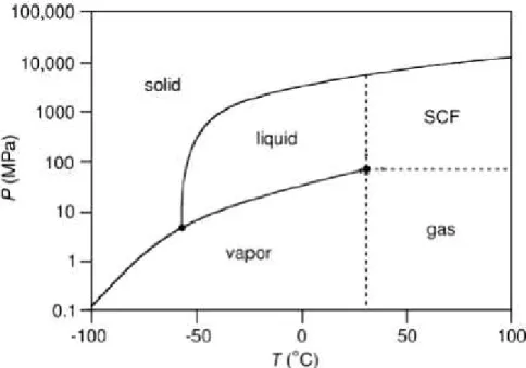 Figure 1.7: Phase diagram of CO 2 , adapted from W. Leitner et al. [76] 