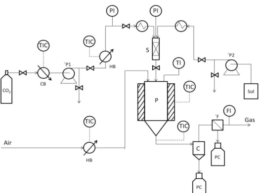 Figure  2.1:  Schematic  representation  of  SAA  apparatus:  (CB)  cooling  bath;  (P1)  CO 2   pump;  (HB)  heating bath; (PI) manometer; (Sol) liquid solution; (P2) liquid pump; (S) static mixer; (P) precipitator; 