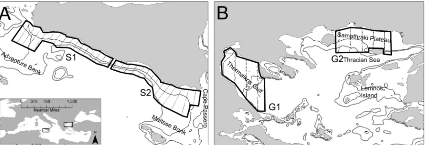 Fig 1. Study areas and sampling design in the Strait of Sicily (A, C) and in the North Aegean Sea (B, D)