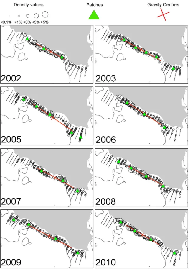 Fig 3. Annual maps of sardine density distribution in the Strait of Sicily during summertime