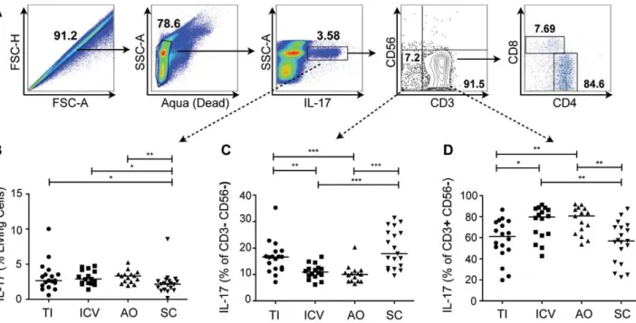 Figure 2. Non-CD4 + sources of IL-17 vary by biopsy location. (A) Representative gating strategy showing total singlet, live, and IL-17+ cells from the appendiceal orifice of one patient