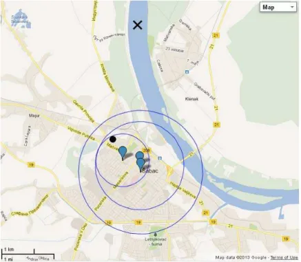 Fig. 4 – An example in suburban environment (balloons-base stations; circles-estimated  distances; black '×'-estimated position; black dot-real position)