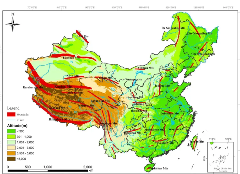Fig 1. Sketch map of China showing elevation and major mountain ranges. The names of major mountain ranges were derived from Shen (2001)