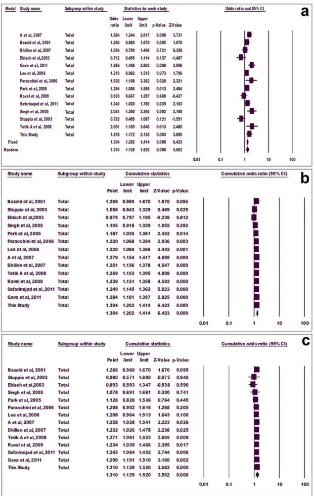 Figure 2. Forest plot. Meta-analysis using allele frequency (a), cumulative allele meta-analysis using fixed effect (b) and random effect models (c).