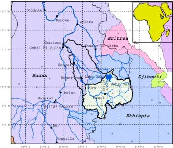 Fig. 1. Location map of the upper Blue Nile basin (hatched) within the Blue Nile basin (outlined)