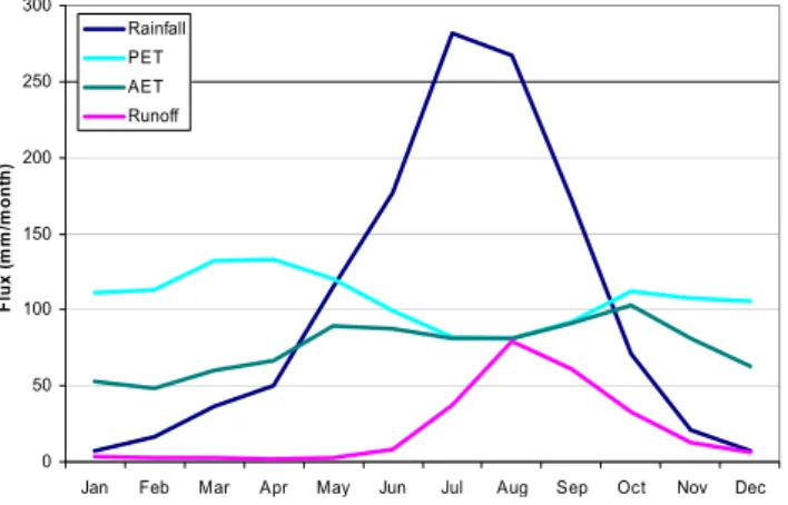 Fig. 2. Climatology of precipitation and evaporation over the upper Blue Nile Basin and the flow at Diem (1960–1991)