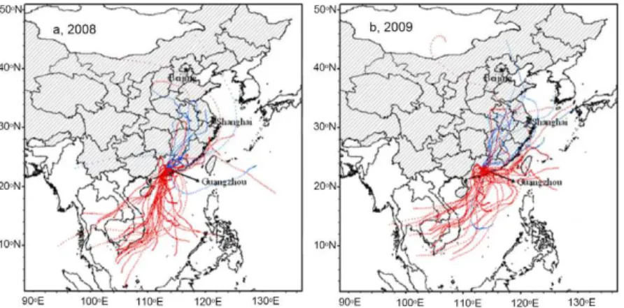 Fig. 3. 72-h air mass backward trajectories for all sampling days in Guangzhou City, based on NOAA HYSPLIT model back trajectories