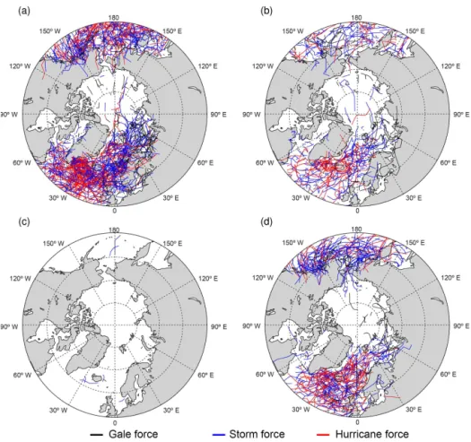 Figure 8. Northern Hemisphere polar low storm tracks by season; (a) DJF, (b) MAM, (c) JJA, (d) SON