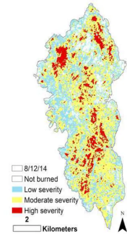 Figure 1. Soil burn severity map of the French Fire in  California, the pre-fire image was collected by Landsat 8 on 