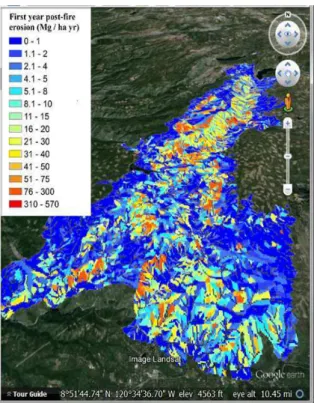 Figure 7. Post-fire hillslope erosion predictions for the King fire  displayed in Google Earth