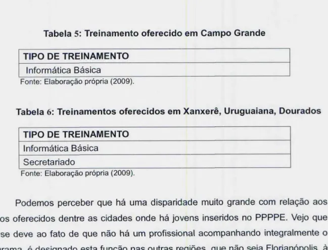 Tabela 5: Treinamento oferecido em Campo Grande TIPO DE TREINAMENTO