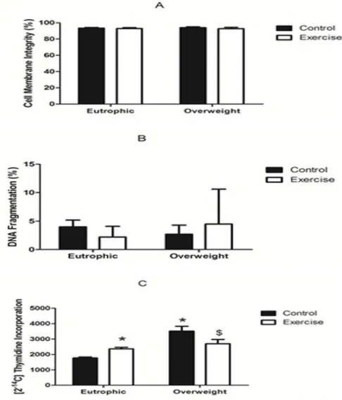 Fig 1. Lymphocyte viability and proliferation capacity in Overweight Control (OWC), Eutrophic Control (EC), Overweight Exercise (OWE), and Eutrophic Exercise (EE) children