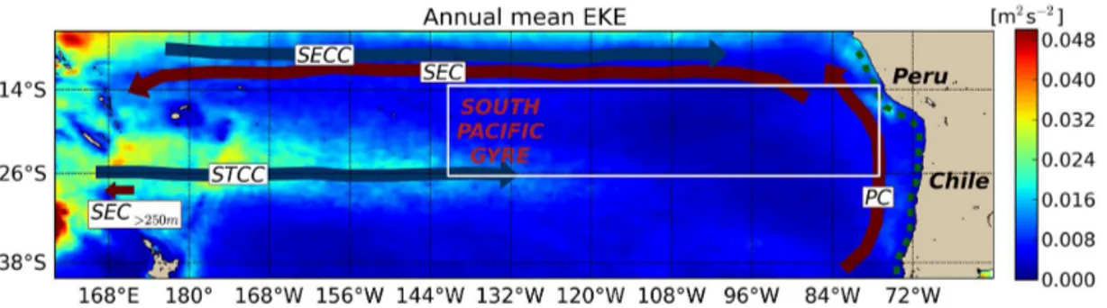 Figure 1. Map of the southeast Pacific. Colors show annual mean eddy kinetic energy (EKE) computed from daily AVISO (DT14, Capet et al., 2014) sea level anomaly data for the period 1993–2013