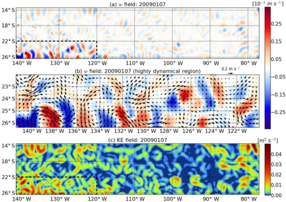 Figure 3. (a) Vertical velocity on 7 January 2009 at 200 m depth. Black box delimits the region of high mesoscale eddy activity