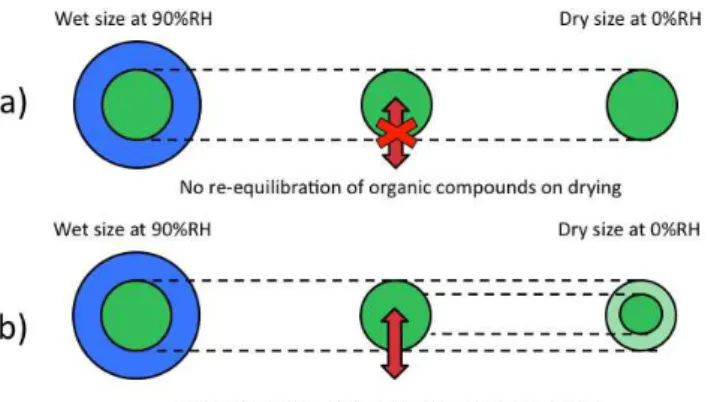 Fig. 1. Cartoon schematic illustrating the two different assumptions used in calculating the multicomponent particle hygroscopicity: (a) only water evaporates on drying, leaving the condensed organic  ma-terial at 90 % RH representing the dry mama-terial