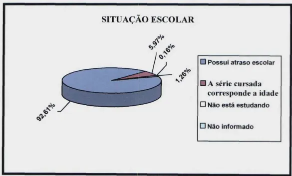 Ilustração 02: Gráfico indicativo da freqüência escolar das crianças e adolescentes atendidos pelo Programa de Erradicação do Trabalho Infantil — PETI de Florianópolis.