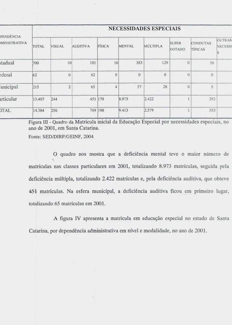 Figura III - Quadro da Matricula inicial da Educação Especial por necessidades especiais, no ano de 2001, em Santa Catarina.