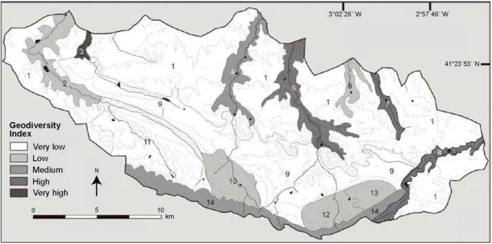 Fig. 1: An example of a geodiversity map compiled from geomorphological units. Tiermes Caracena area (Castilla
