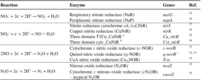 Table 1.1 - Metalloenzymes involved in the denitrification pathway and the genes encoding for its catalytic  subunits  24 