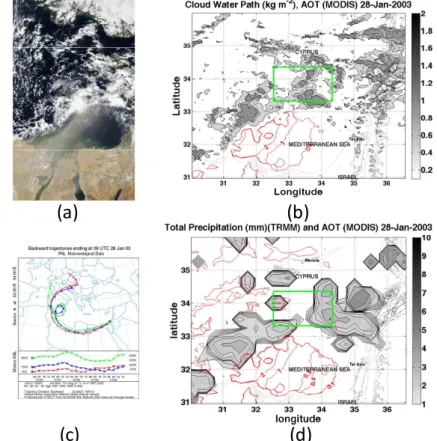 Fig. 1. General description of the case study – dust storm of 28 January 2003 above the East Mediterranean sea