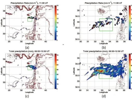 Fig. 3. Precipitation rates (in mm h −1 ) at 11:00 UT and total precipitation between 06:00 and 12:00 UT for the two external domains, (a and b) – Precipitation rates, (c and d) – Total  precip-itation