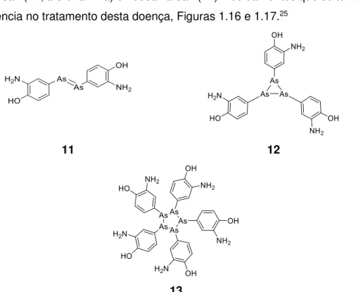 Figura  1.16  –   Estrutura  química  proposta  para  o  arsfenamina  (11),  mas  os  estudos de massa publicados em 2005, sugerem que este produto é na realidade  uma mistura de trímeros (12) e pentâmeros (13) 