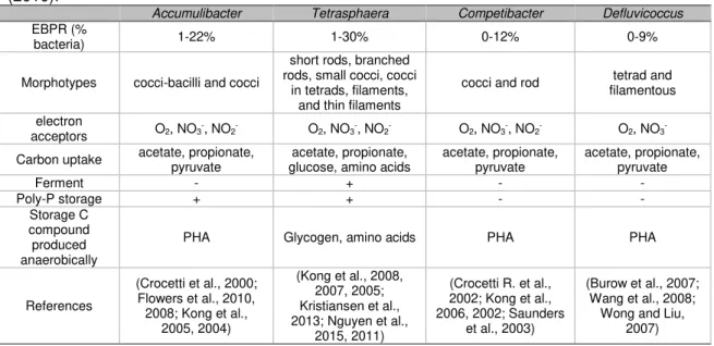 Table  2.1  – Ecophysiology  of  PAOs  and  GAOs  in  EBPR  plants  adapted  from  (Nielsen  et  al.,  (2010)