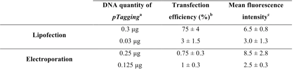 Table 2. Sf9 cells transfection efficiency by lipofection or electroporation and fluorescence intensity of  resulting selected cell populations