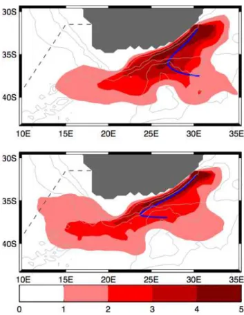Fig. 1. The transport density (shaded patches, in Sv) based on floats distribution. Upper panel: the first six months after release of all floats in 1986–1987, when the AC transport was 65.4 Sv