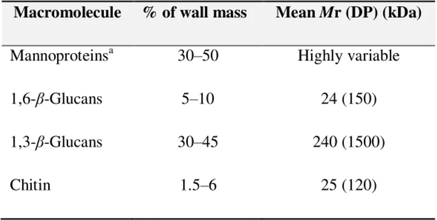 Table 1.1 -  Macromolecules of the cell wall of S. cerevisiae (Klis et al., 2005). 