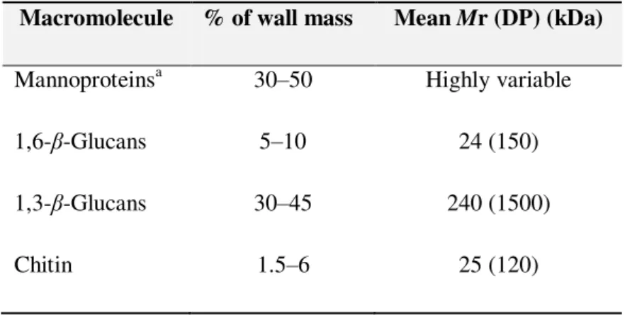 Table 1.1 -  Macromolecules of the cell wall of S. cerevisiae (Klis et al., 2005). 