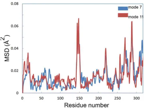 Figure 10. Mean square displacement of Ca. Mean square displacement of Ca calculated by normal mode analysis for mode 7 (blue) and 11 (red).
