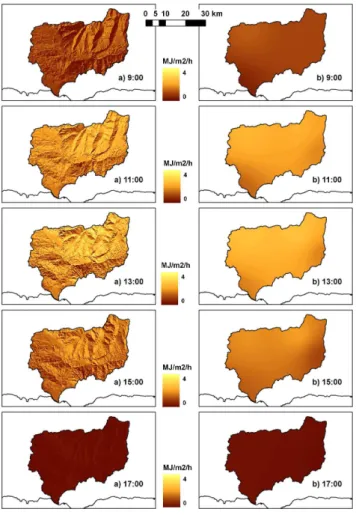 Fig. 2. Hourly global radiation (a) topographically corrected vs.