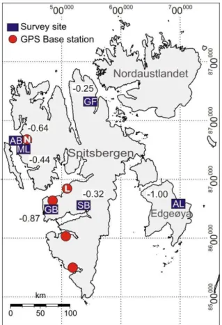 Fig. 1. Sites included in the study are Austre Brøggerbreen (AB);