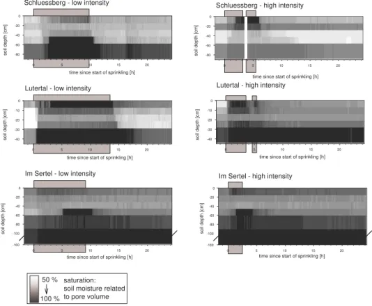 Fig. 6. Soil moisture dynamics at different sites in response to different precipitation intensities.
