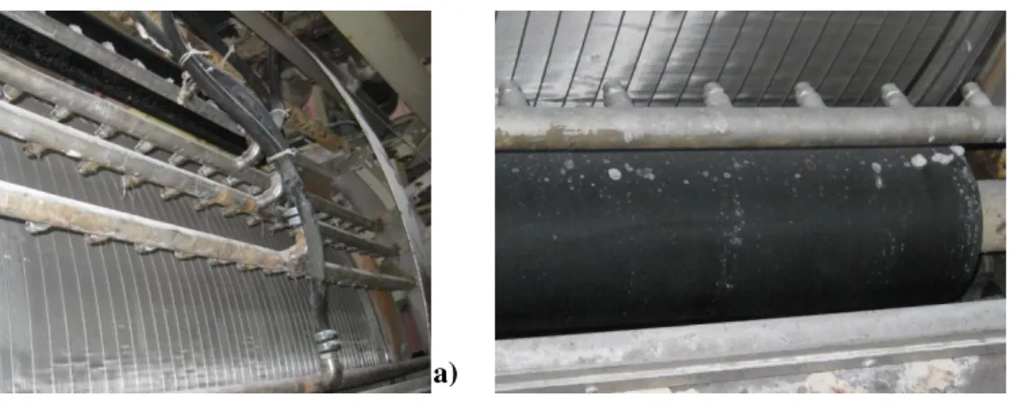 Figura 2.6 – Fotografias de alguns dos componentes complementares do filtro rotativo sob vácuo da Póvoa: a)  Em primeiro plano os dispersores e os respetivos suportes, no topo da imagem, o rolo compressor superior a 