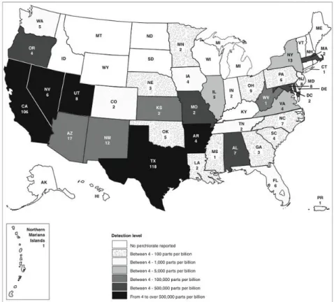 Figure 1.1: Maximum perchlorate concentrations reported in both water and soil samples and number of  sites analyzed in USA (January 2005)