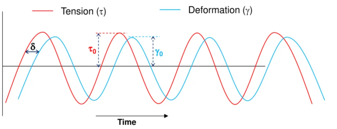 Figure  1.3  Schematic  stress  responses  to  oscillatory  strain  deformation  for  a  viscoelastic  material  (Adapted from Wyss, Larsen, &amp; Weitz, 2007)