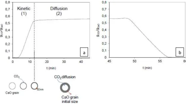 Figura 1.7 - Evolução temporal da reactividade de um adsorvente à base de cálcio durante: a- reacção de  Carbonatação e b- reacção de Calcinação 22