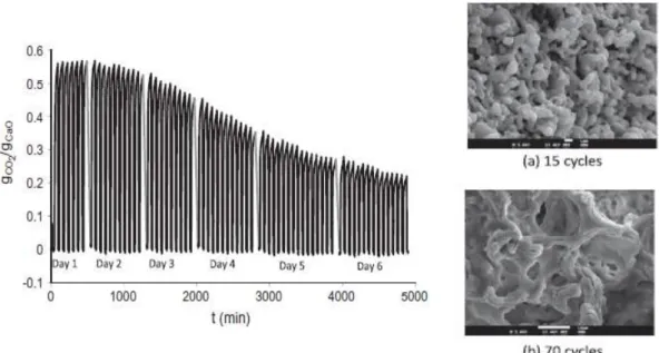 Figura 1.22 - Evolução temporal da reactividade do CaO preparado pelo método sol-gel, com imagens de SEM:   